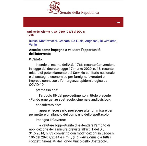 ODG per l’estensione dell’Art Bonus ai soggetti finanziati dal FUS