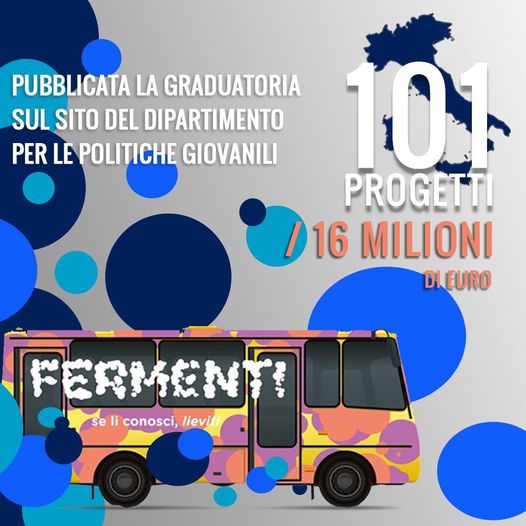 Pubblicata la graduatoria del Bando Fermenti, 16 milioni di euro per 101 progetti giovanili